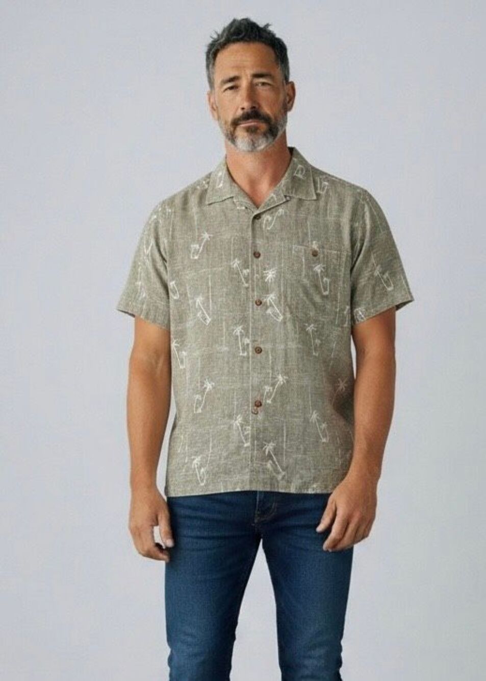 Silk Caribbean Hawaiian Shirt Green Mens Large Palm Tree Print Button Down